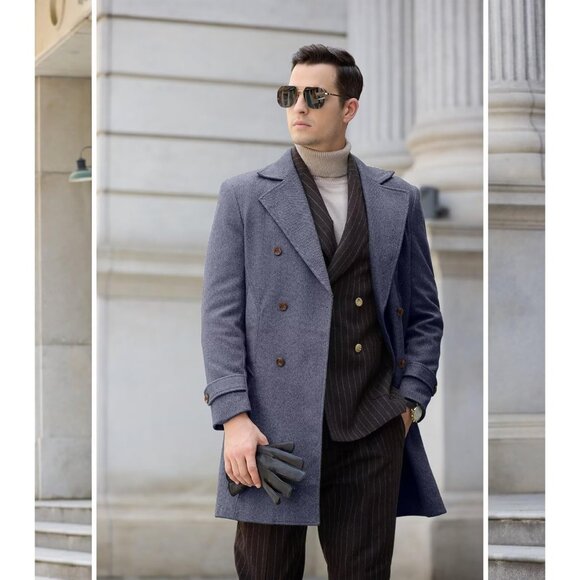 Mens Blue for Long Jackets Warm Peacoat Men's Double Overcoat Trench Coats - Picture 2 of 7